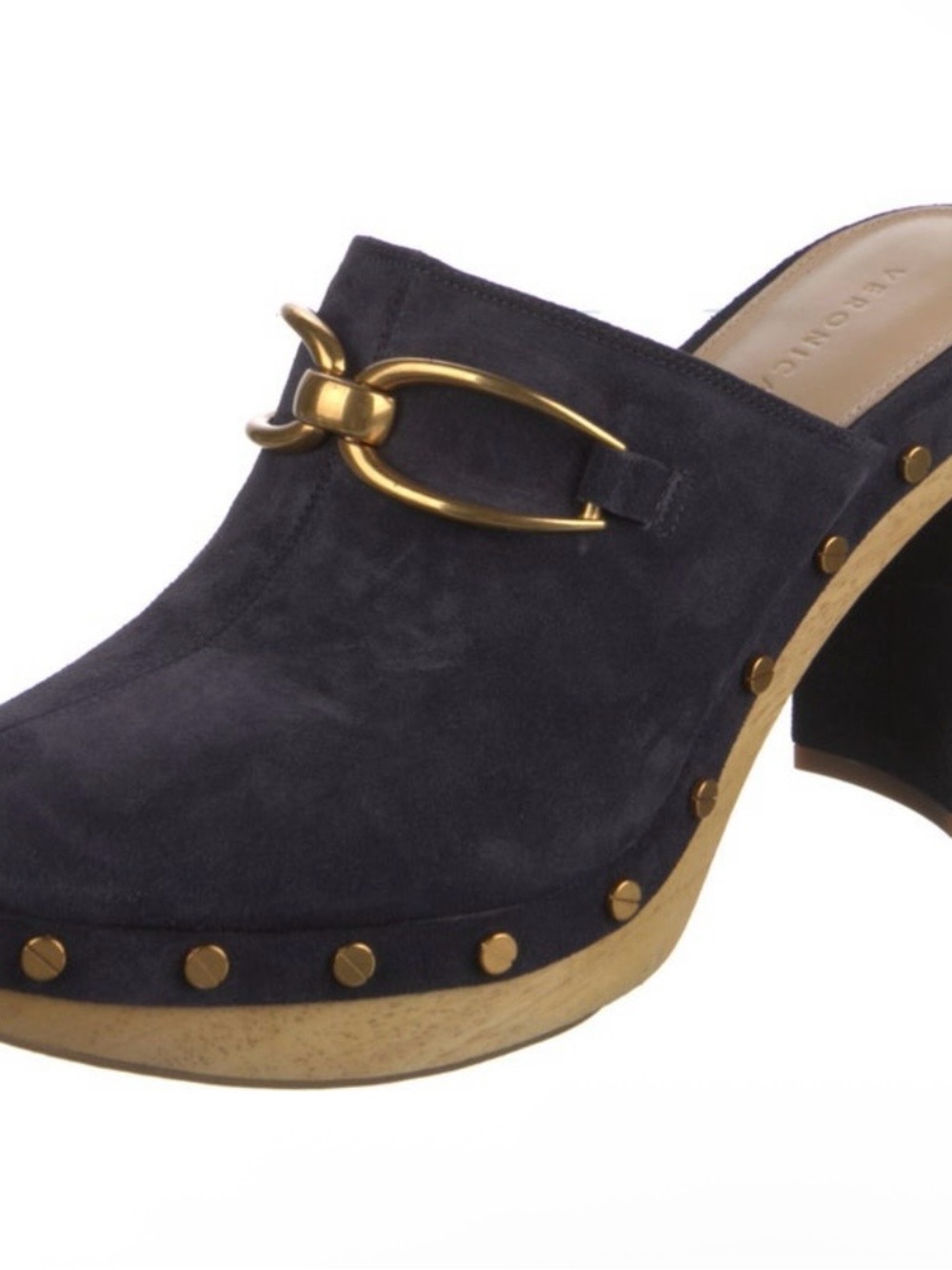 Veronica Beard Dacey Suede Studded Platform Clog Mules Gold Hardware